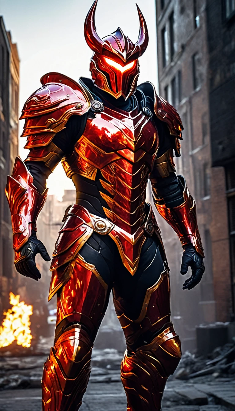 The image depicts a character wearing a striking red armor with a flame-like design. The armor is highly detailed, with a glossy finish that reflects light, giving it a metallic appearance. The character's helmet has a menacing look with pointed ears and glowing red eyes, which adds to the intimidating presence. The armor is adorned with a circular emblem on the chest, which could be a symbol or a crest.

The character is standing in an urban environment, possibly a street or alley, with buildings in the background. The lighting in the scene is dramatic, with a mix of cool and warm tones that emphasize the fiery aesthetic of the armor. The flames around the character's shoulders and the glow from the armor suggest a sense of power or energy.

The overall impression is that of a superhero or a warrior from a fantasy or science fiction setting, ready for battle or to protect the city. The image is likely a piece of concept art or a promotional image for a video game, comic book, or movie.