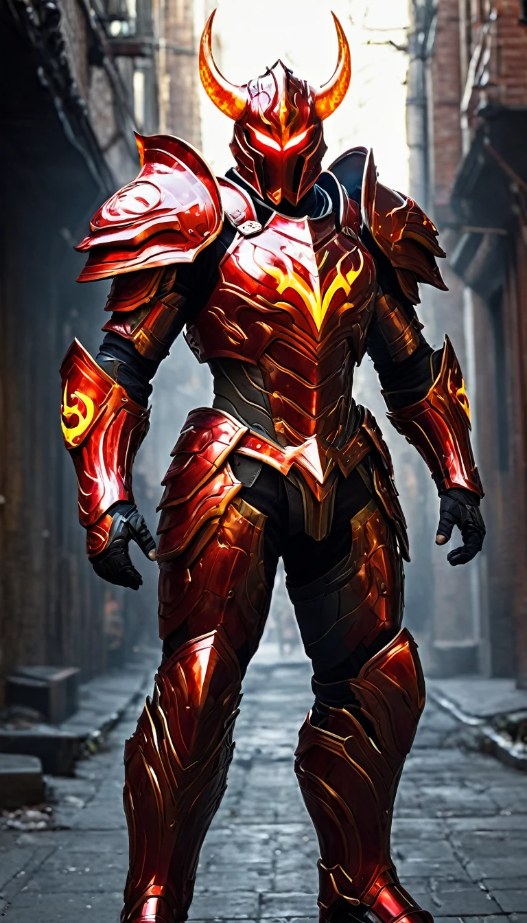 The image depicts a character wearing a striking red armor with a flame-like design. The armor is highly detailed, with a glossy finish that reflects light, giving it a metallic appearance. The character's helmet has a menacing look with pointed ears and glowing red eyes, which adds to the intimidating presence. The armor is adorned with a circular emblem on the chest, which could be a symbol or a crest.

The character is standing in an urban environment, possibly a street or alley, with buildings in the background. The lighting in the scene is dramatic, with a mix of cool and warm tones that emphasize the fiery aesthetic of the armor. The flames around the character's shoulders and the glow from the armor suggest a sense of power or energy.

The overall impression is that of a superhero or a warrior from a fantasy or science fiction setting, ready for battle or to protect the city. The image is likely a piece of concept art or a promotional image for a video game, comic book, or movie.
