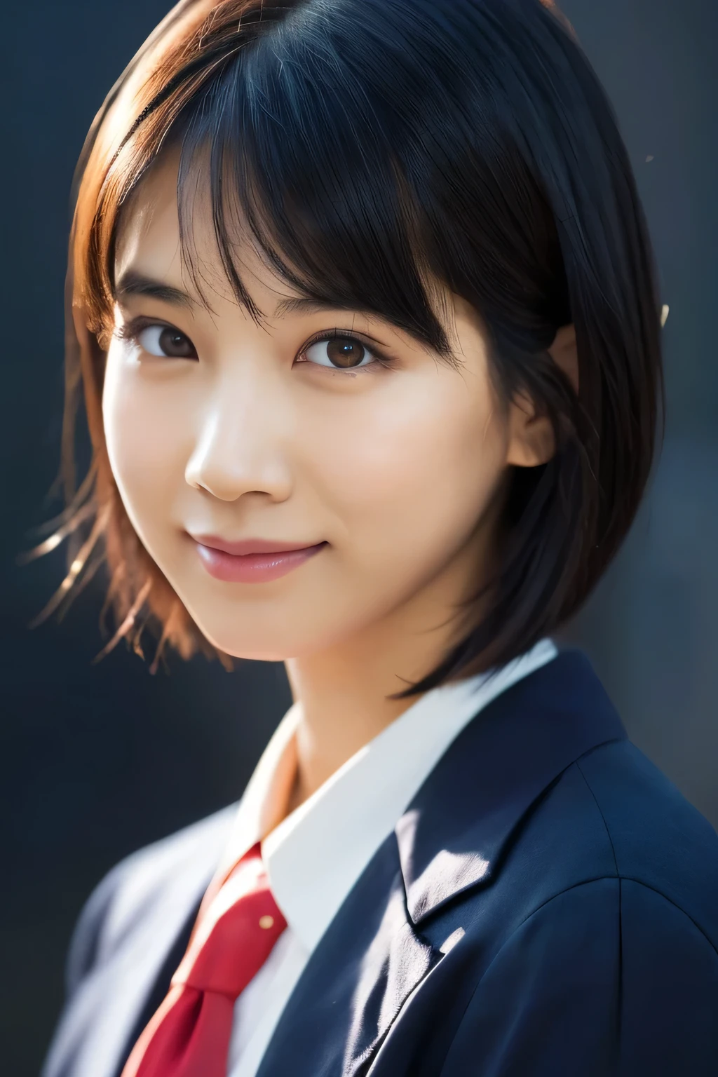 1 girl, (White shirt with red tie, Wearing a navy blue jacket:1.2), Very beautiful Japanese idol portraits, 
(RAW Photos, highest quality), (Realistic, Realistic:1.4), (masterpiece), 
Very delicate and beautiful, Very detailed, 2k wallpaper, wonderful, finely, Very detailed CG Unity 8K wallpaper, Very detailed, High resolution, Soft Light, 
Beautiful detailed girl, Very detailed目と顔, Beautiful and sophisticated nose, Finely beautiful eyes, Cinema Lighting, 
(Simple light color background:1.3),
(short hair), (bangs), 
Complete Anatomy, Slender body, Small breasts, smile