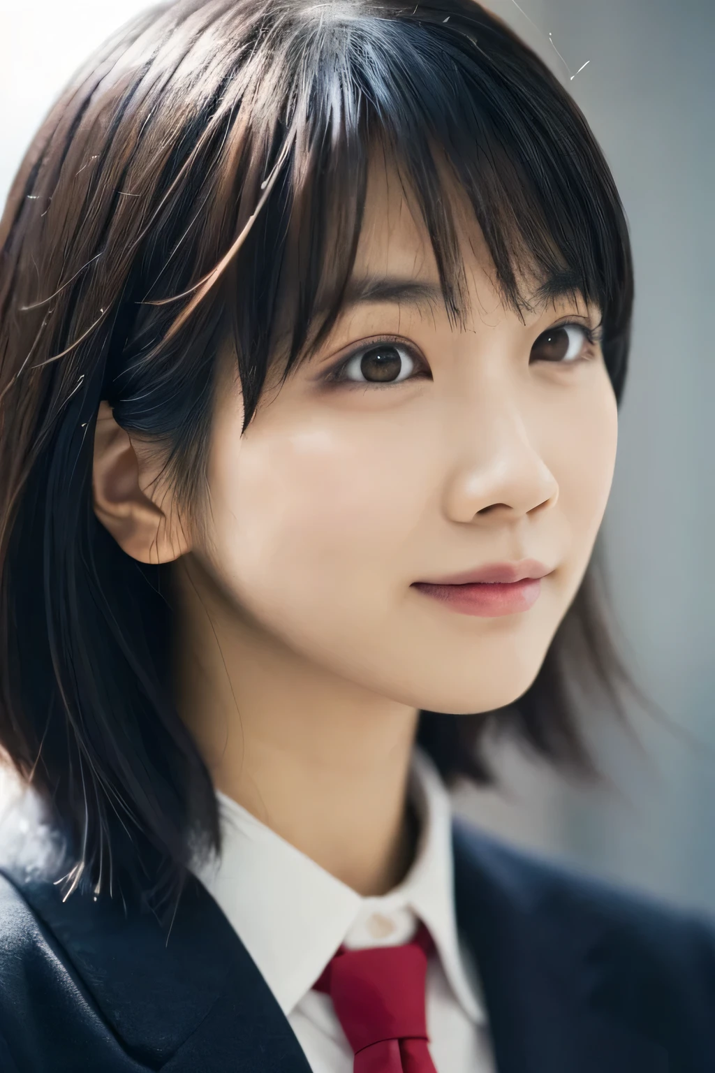 1 girl, (White shirt with red tie, Wearing a navy blue jacket:1.2), Very beautiful Japanese idol portraits, 
(RAW Photos, highest quality), (Realistic, Realistic:1.4), (masterpiece), 
Very delicate and beautiful, Very detailed, 2k wallpaper, wonderful, finely, Very detailed CG Unity 8K wallpaper, Very detailed, High resolution, Soft Light, 
Beautiful detailed girl, Very detailed目と顔, Beautiful and sophisticated nose, Finely beautiful eyes, Cinema Lighting, 
(Simple light color background:1.3),
(short hair), (bangs), 
Complete Anatomy, Slender body, Small breasts, smile