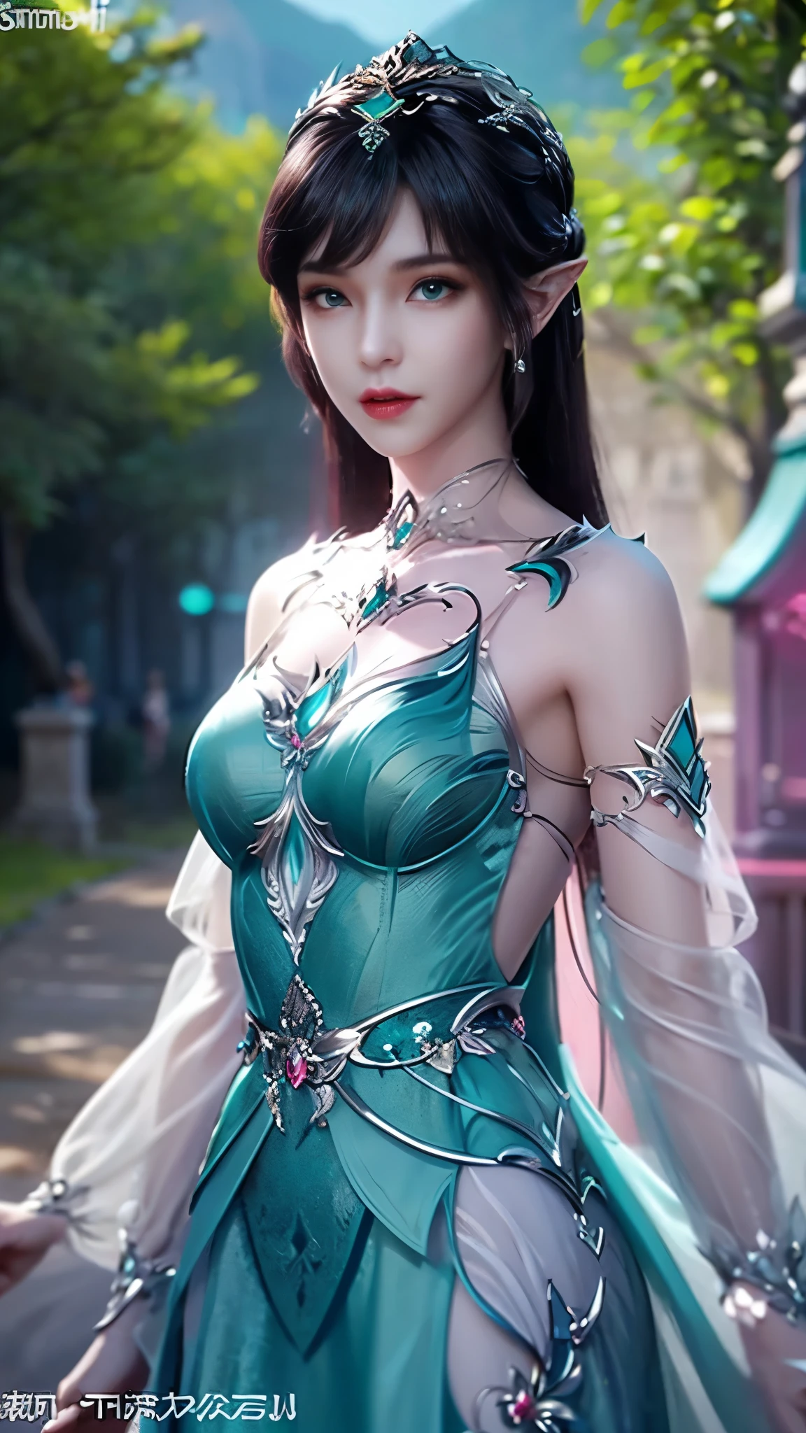 8k, masterpiece, a close up of a woman in a teal dress, perfect front body, bare thigh, ((very long hair)), a beautiful fantasy empress, ((teal fantasy dress:1.5)), beautiful fantasy maiden, fantasy art style, trending on cgstation, beautiful and elegant elf queen, beautiful maiden, shining skin, intricate ornate anime cgi style, ((a beautiful fantasy teal empress)), beautiful alluring Realistic woman, shining skin, in the park, sun shining, Realistic shadow, waist poses,