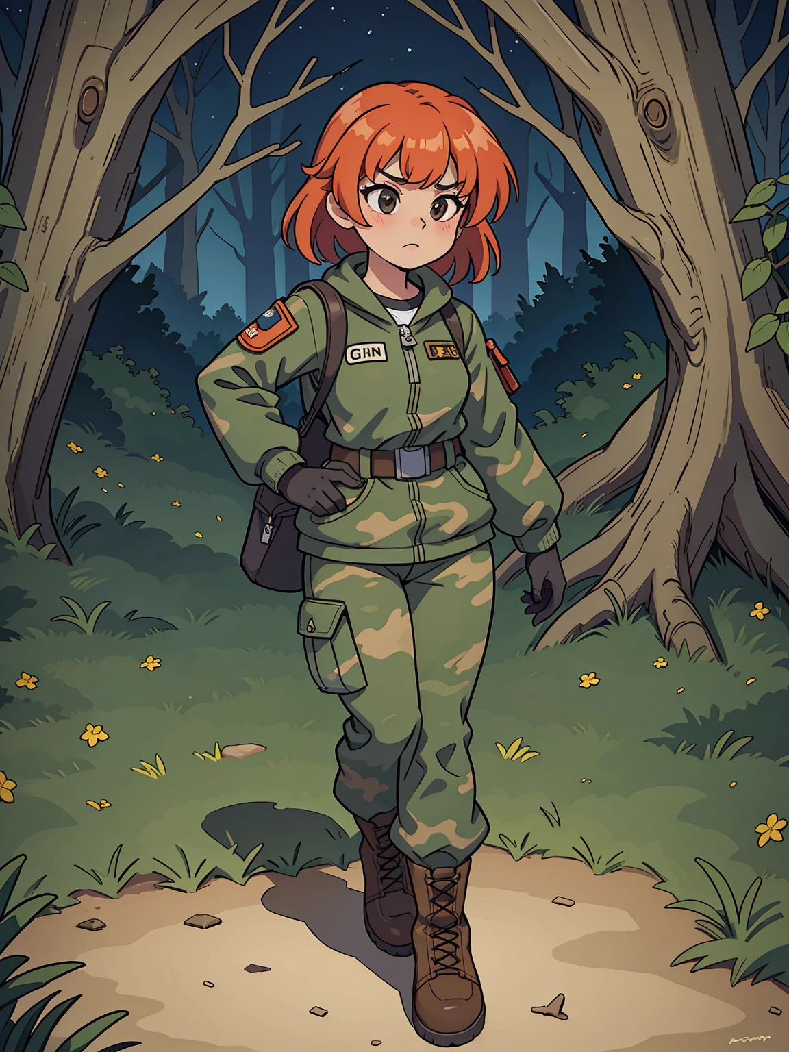 (best quality,highres,masterpiece:1.2),ultra-detailed,realistic:1.37,5teenage girls,camouflage jackets,tactical gloves,camouflage pants,army combat boots,standing sternly in a camp,portraits,vivid colors,nighttime lighting