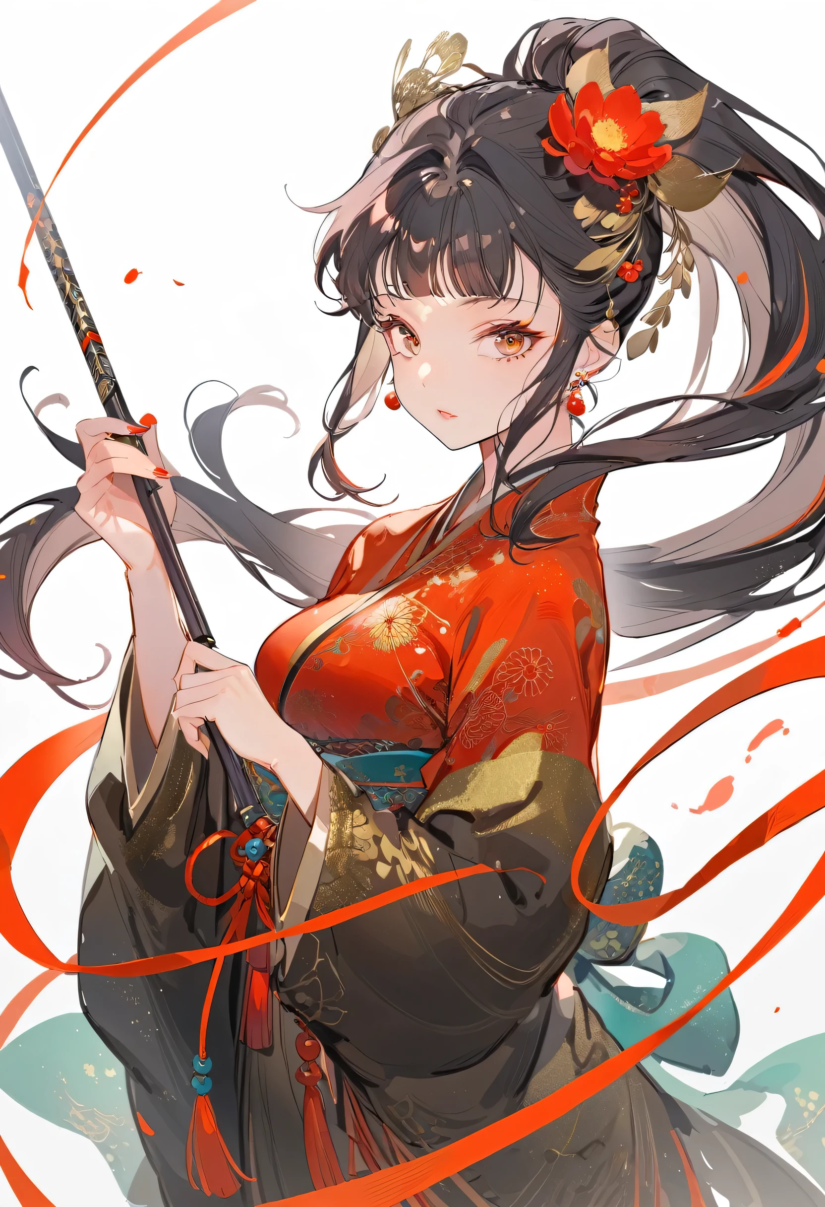 best quality, masterpiece, Ultra-fine high resolution, (Practical: 1.4), Watercolor style, illustration, Bright background color,, 1 Girl with a weapon, (Solo exhibitions: 1.2), (Hair crown: 1.2), Traditional chinese dunhuang style clothes, Strapless, (Red Eyeliner: 1.2), (: 1.4), earrings, Dynamic Angle, opera, messy_long_hair, ink, Velvet, chrysanthemum, tassel, Ribbon, color embroidery,