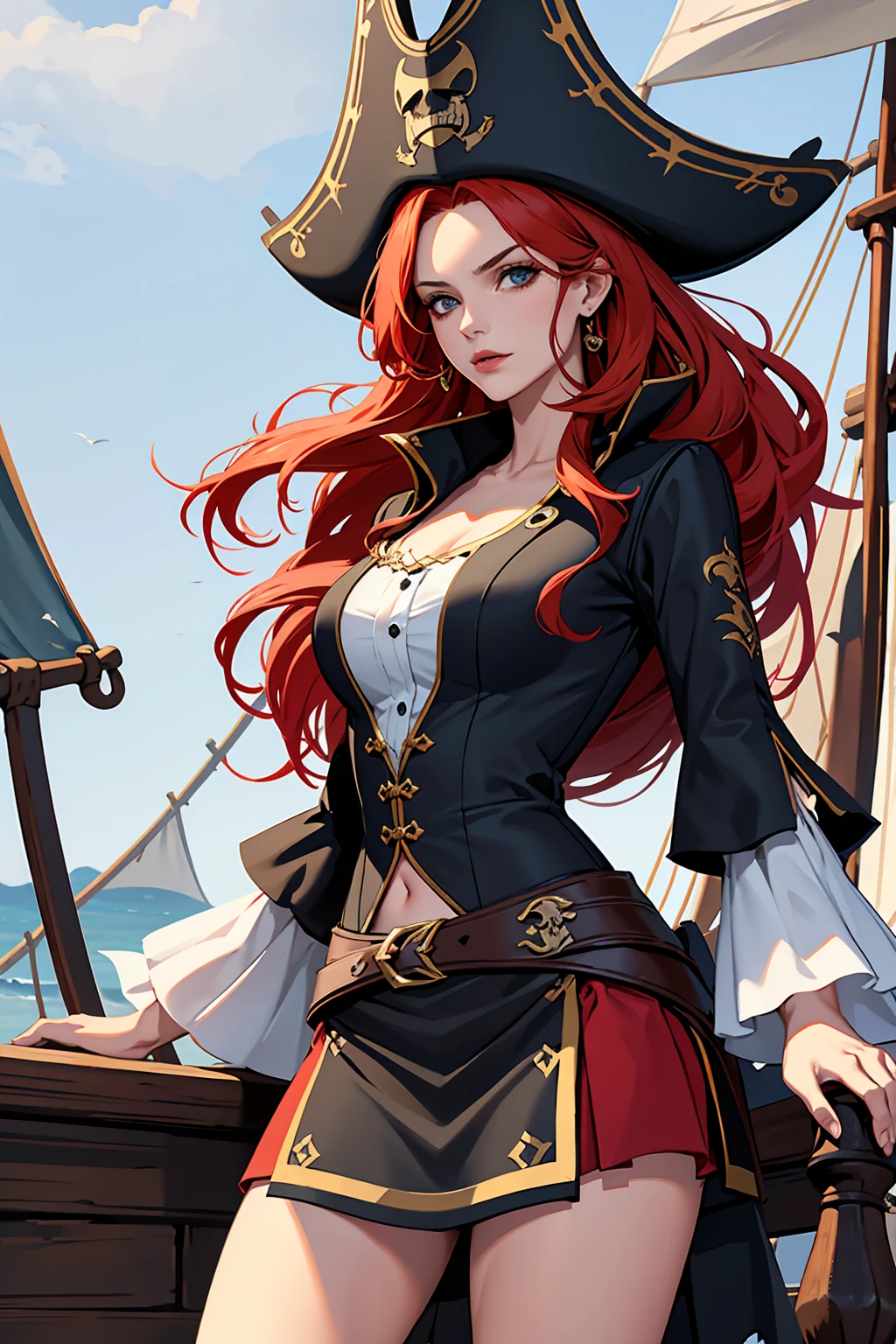 English woman,1girll,Lovely and beautiful Fas,28 year old,Red hair,double tails, Practical pirate clothing, (Long-sleeved pirate top), Skirt,Torn pirate hat, view the viewer, fantasy,(Pirate ship),Cinematic lighting,Masterpiece,