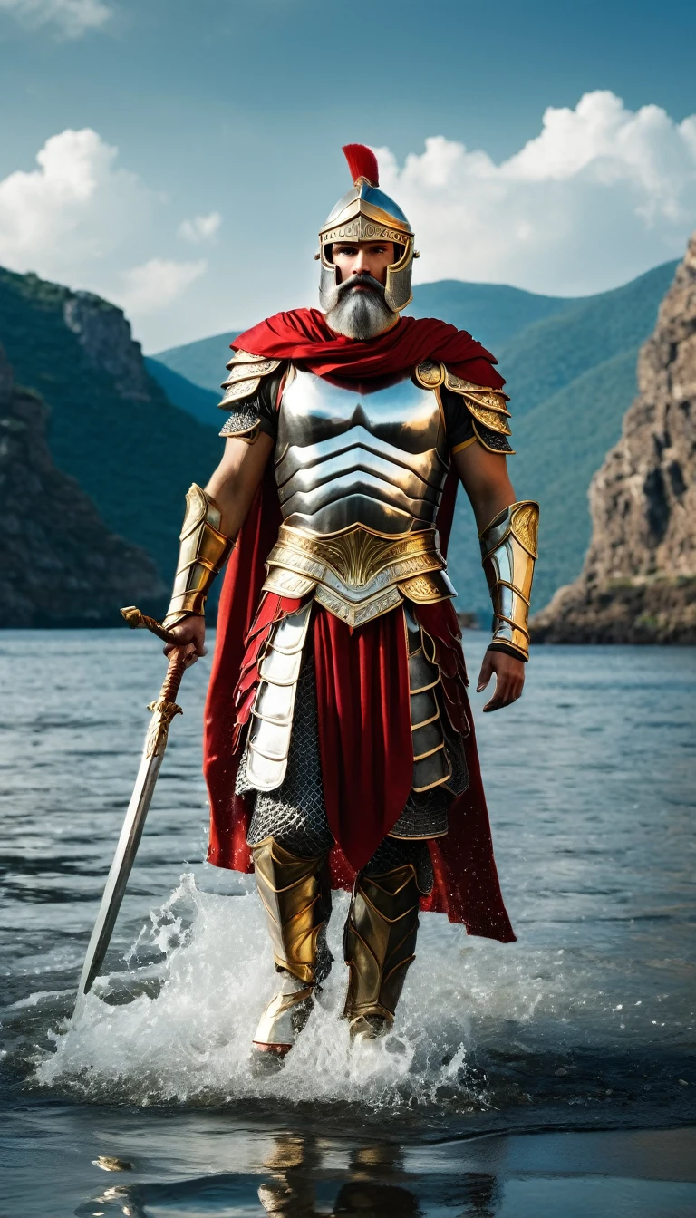 The image depicts a character dressed in a suit of armor that resembles the style of ancient Greek warriors. The armor is predominantly silver with gold accents, and the character is also wearing a red cape. The individual has a beard and is walking through water, with the backdrop of a body of water and mountains in the distance under a partly cloudy sky. The overall aesthetic suggests a scene from a fantasy or historical film, where the character might be a warrior or a deity from mythology. The image is well-composed, with the character centrally placed and the background elements providing a sense of scale and grandeur.