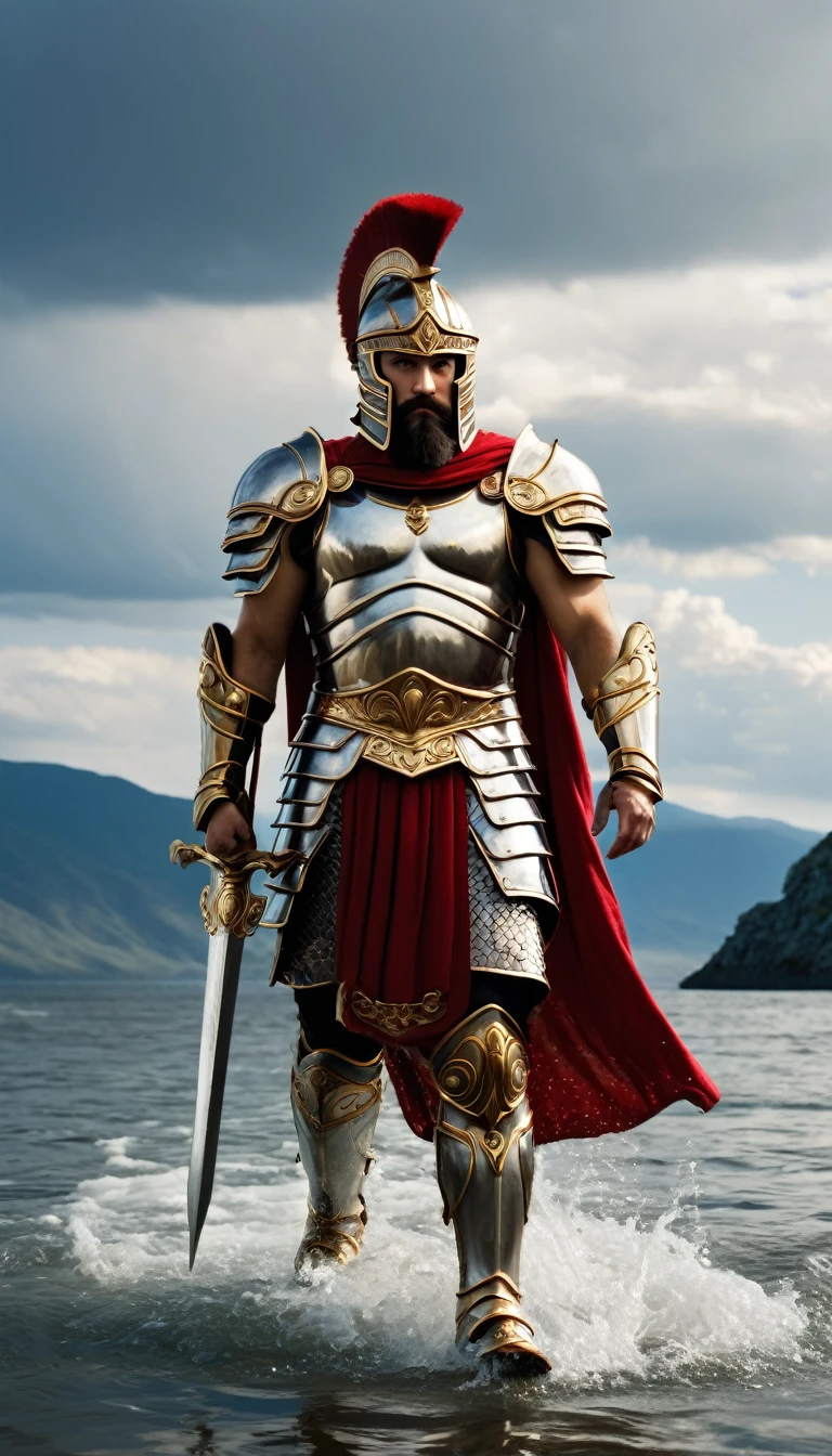 The image depicts a character dressed in a suit of armor that resembles the style of ancient Greek warriors. The armor is predominantly silver with gold accents, and the character is also wearing a red cape. The individual has a beard and is walking through water, with the backdrop of a body of water and mountains in the distance under a partly cloudy sky. The overall aesthetic suggests a scene from a fantasy or historical film, where the character might be a warrior or a deity from mythology. The image is well-composed, with the character centrally placed and the background elements providing a sense of scale and grandeur.