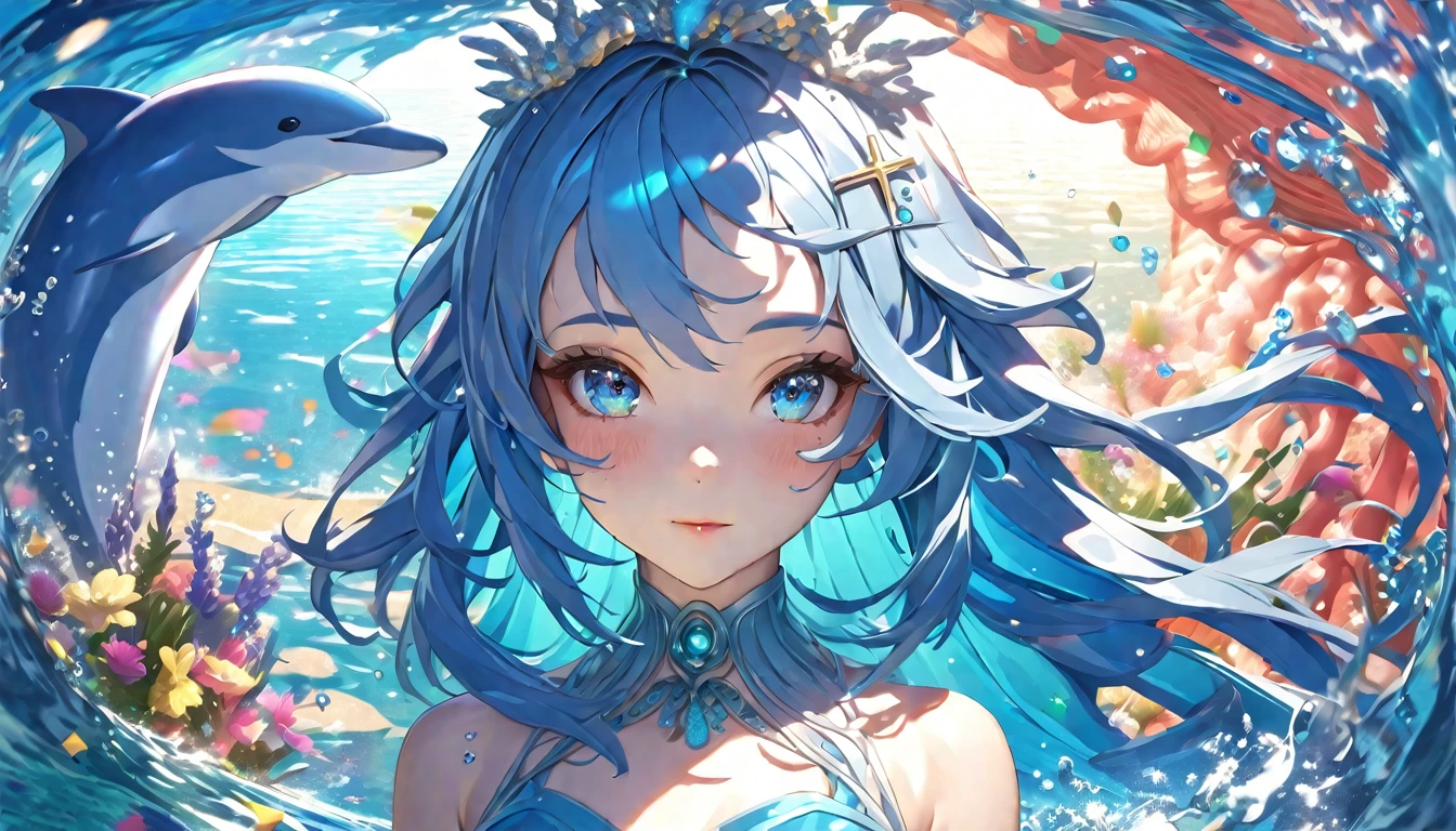 Une danseuse anime enjouée de l'océan étincelant avec une couronne de coquillage et une épingle à cheveux de dauphin à midi dans un vibrant, paysage marin aigue-marine, yeux bleus chatoyants, cheveux azur flottants, accessoires sur le thème de l'océan, robe bleue élégante, dans le style d'Alan Moore, style de peinture impressionniste, en regardant la caméra, coupe transversale de, portrait, éclairage naturel, coups de pinceau fluides, daz3d, eau éclaboussée autour comme des confettis, éclairage brillant comme la lumière du soleil