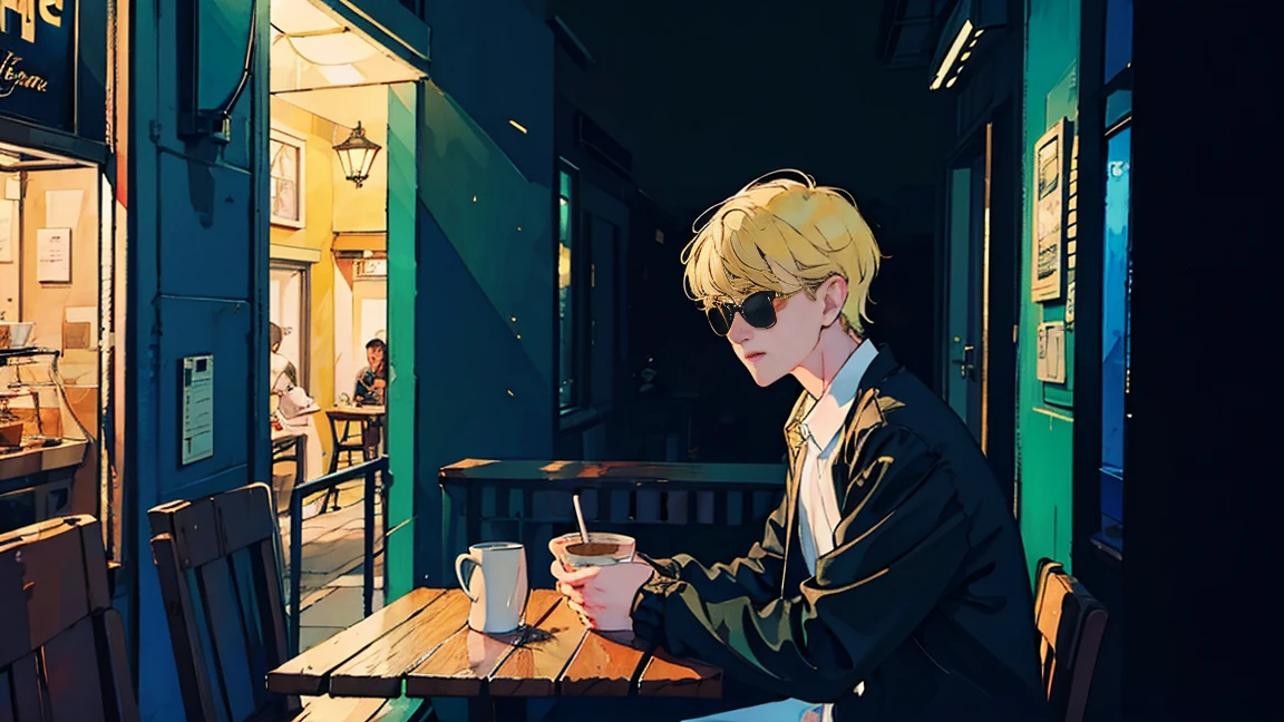 sitting in a cafe at night、Cool and handsome Asian boy with blonde hair, Wearing sunglasses、Visible from the window, Perfect Face, White shirt、Black jacket, Neon Black, (Backlight: 1.1), Hard Shadows, masterpiece, highest quality, Complex, Model shooting style, Vintage, Film Grain、Natural Body、profile、Photo taken from a distance、Draw the whole cafe、every day、coffee