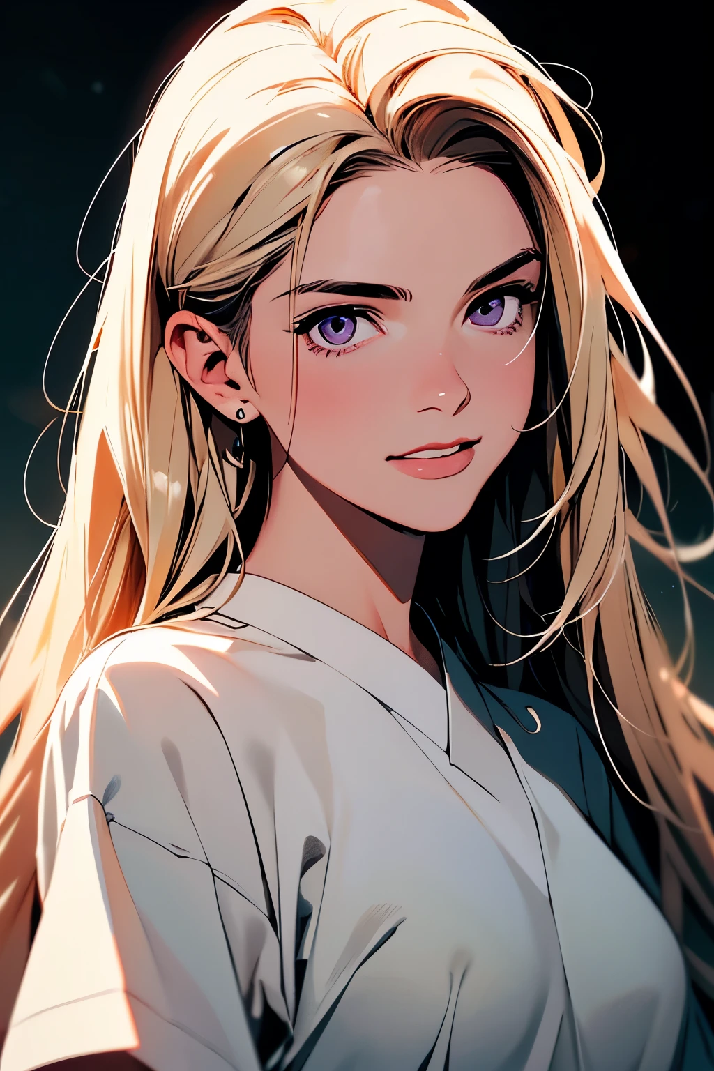 2d illustration, Japanese cartoons, Portrait in Fine Arts, Comic Style, 《Stray God》Bishamon, 1 Girl, laughing out loud，Blonde with long hair, Big Hair, Purple Eyes, cosmetic, fair, HD, masterpiece, best quality, High Detail, High Detailed eyes, Grain filter, Delicate lips, high resolution, Super detailed, portrait, Caucasian woman, Realistic Proportion, Anatomically accurate, Red face; dark lights, high quality, grant, high resolution, 8K, night, Wearing a nice white shirt