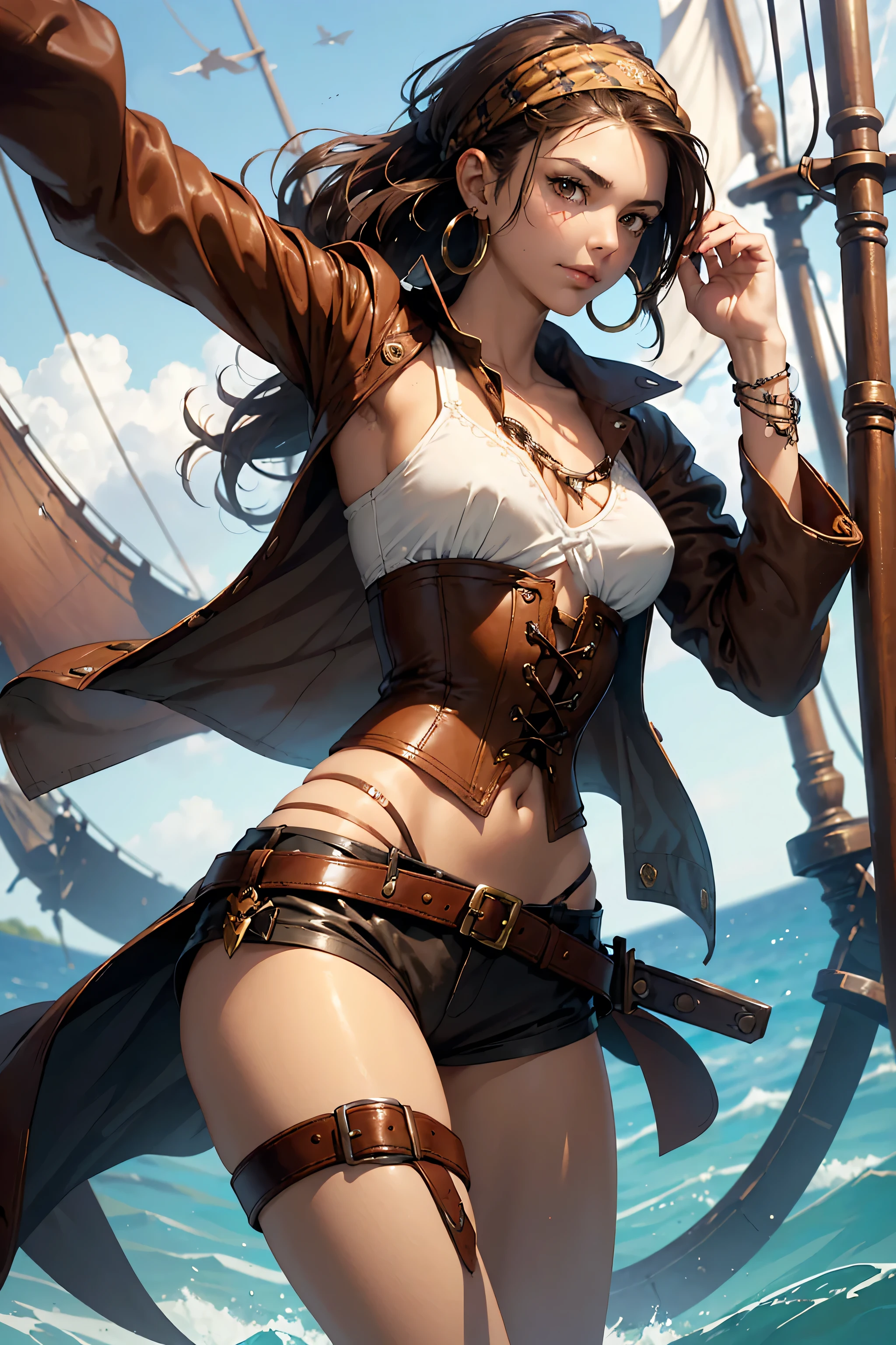 (masterpiece), best quality, expressive eyes, perfect face, (pirate ship background), (standing), (smirk), (closeup view), (1girl,white girl, tanned skin, brown hair, wavy hairstyle, brown eyes, hourglass figure, thin body, skinny body, petite_body, small breasts, thick thighs, long fingernails, brown plaid head wrap, white front lace blouse, long sleeve, loose fit, brown leather corset, brown leather shorts, brown boots, sheathed cutlass sword, flintlock pistol in holster, hoop earrings, miscellaneous jewelry)