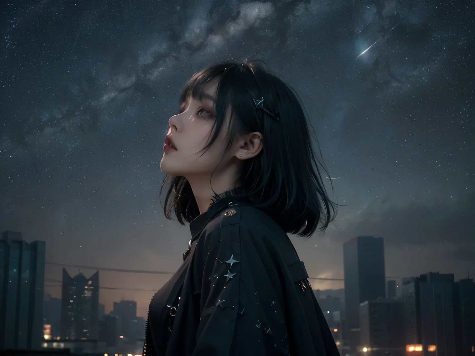 minimum, harmony, aesthetic, fantastic scene, Dystopia, (night, Starry Sky:1.4), Broken Building,  The starry sky creates a mystical atmosphere, Girl looking up at the sky, 24-years-old, slender, Medium Hair, bangs, (Gothic_Punk:1.2), masterpiece, best quality, RAW Photos, photorealistic, depth of field, candytt