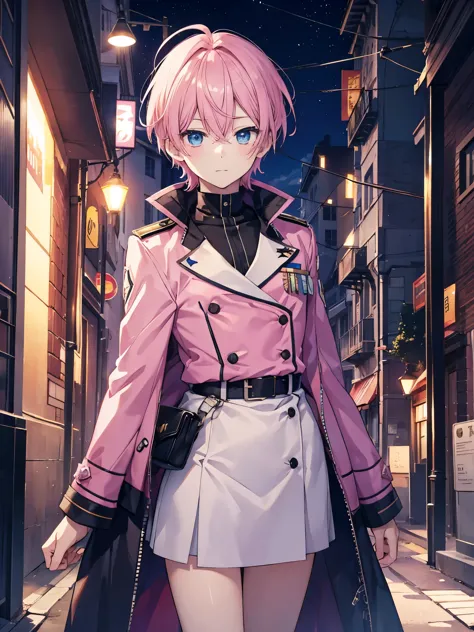 1boy, pink hair, beautiful boy, azure eyes, double-breasted military jacket, street, Holy Night, yuki