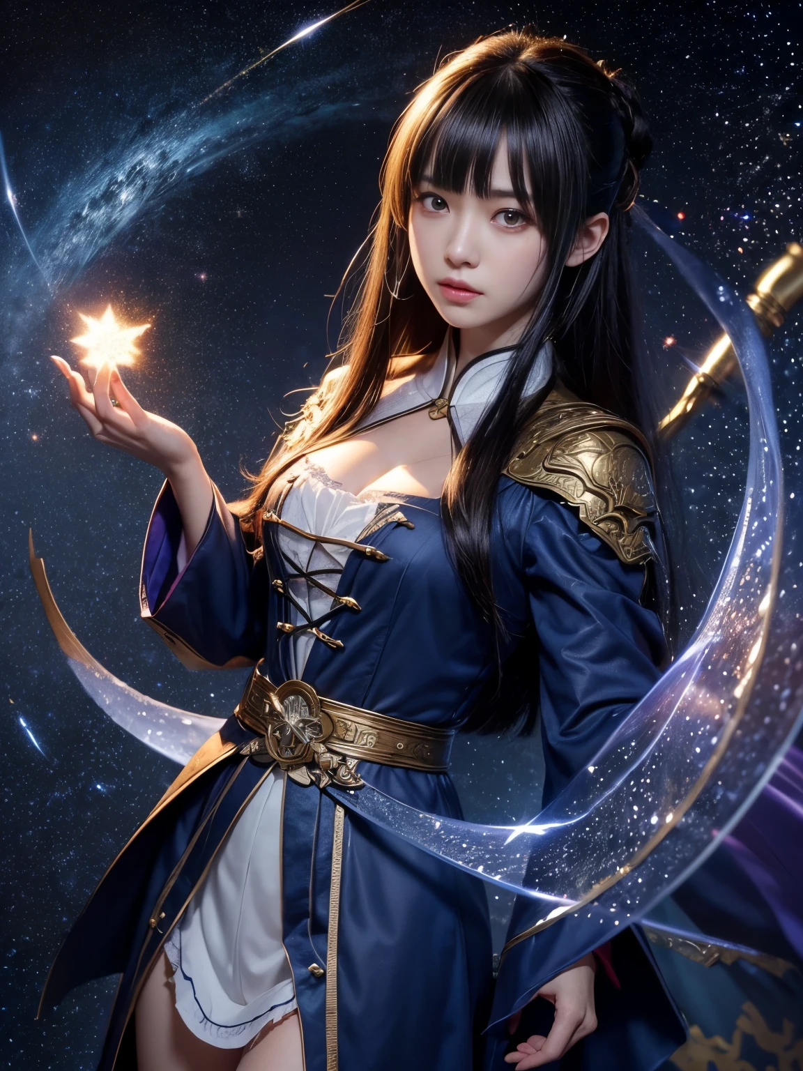 Belle image de personnage Shii, Beau magicien céleste, artgerm et ruan jia, ((Beauté Shii Fantasy Impératrice)), par Jan J., 非常に詳細な女Dieuショット, Art 8K très détaillé,  ((L’arrière-plan est fantastique:1.2)), ((Le fond est plein d&#39;étoiles:1.2)), ((angle hollandais:1.3)), (Costume européen médiéval), ((Dieu々Shii:1.3)), Magicien&#39;s robe, 