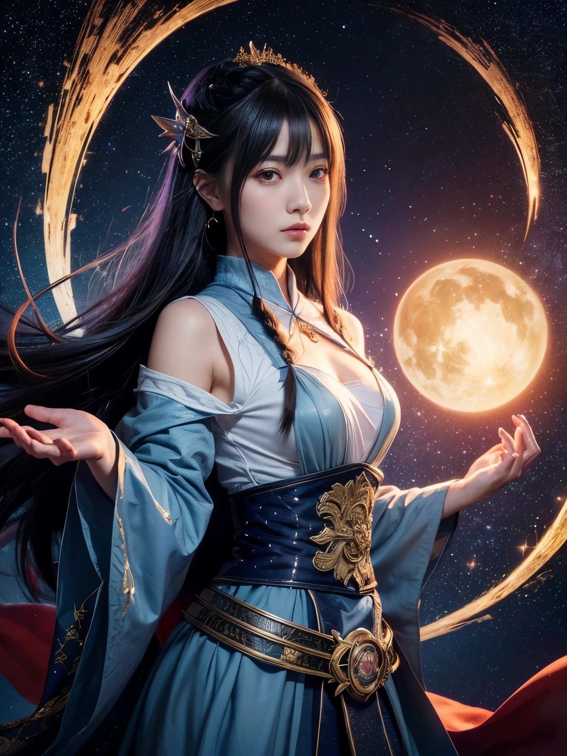 Belle image de personnage Shii, Beau magicien céleste, artgerm et ruan jia, ((Beauté Shii Fantasy Impératrice)), par Jan J., 非常に詳細な女Dieuショット, Art 8K très détaillé,  ((L’arrière-plan est fantastique:1.2)), ((Le fond est plein d&#39;étoiles:1.2)), ((angle hollandais:1.3)), (Costume européen médiéval), ((Dieu々Shii:1.3)), Magicien&#39;s robe, 