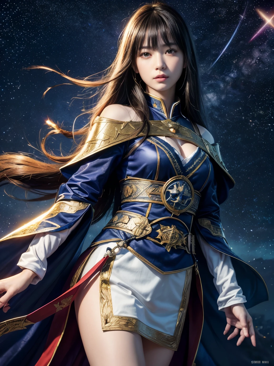 Beautiful Shii character drawing, Beautiful Magician of Heaven, artgerm and ruan jia, ((Beautiful Shii Fantasy Empress)), by ヤン・J, Highly detailed female god shot, 8K Highly Detailed Art,  ((The background is fantastic:1.2)), ((The background is full of stars:1.2)), ((Dutch Angle:1.3)), (Medieval European Costume), ((god々Shii:1.3)), Magician&#39;s Dress,  dynamic