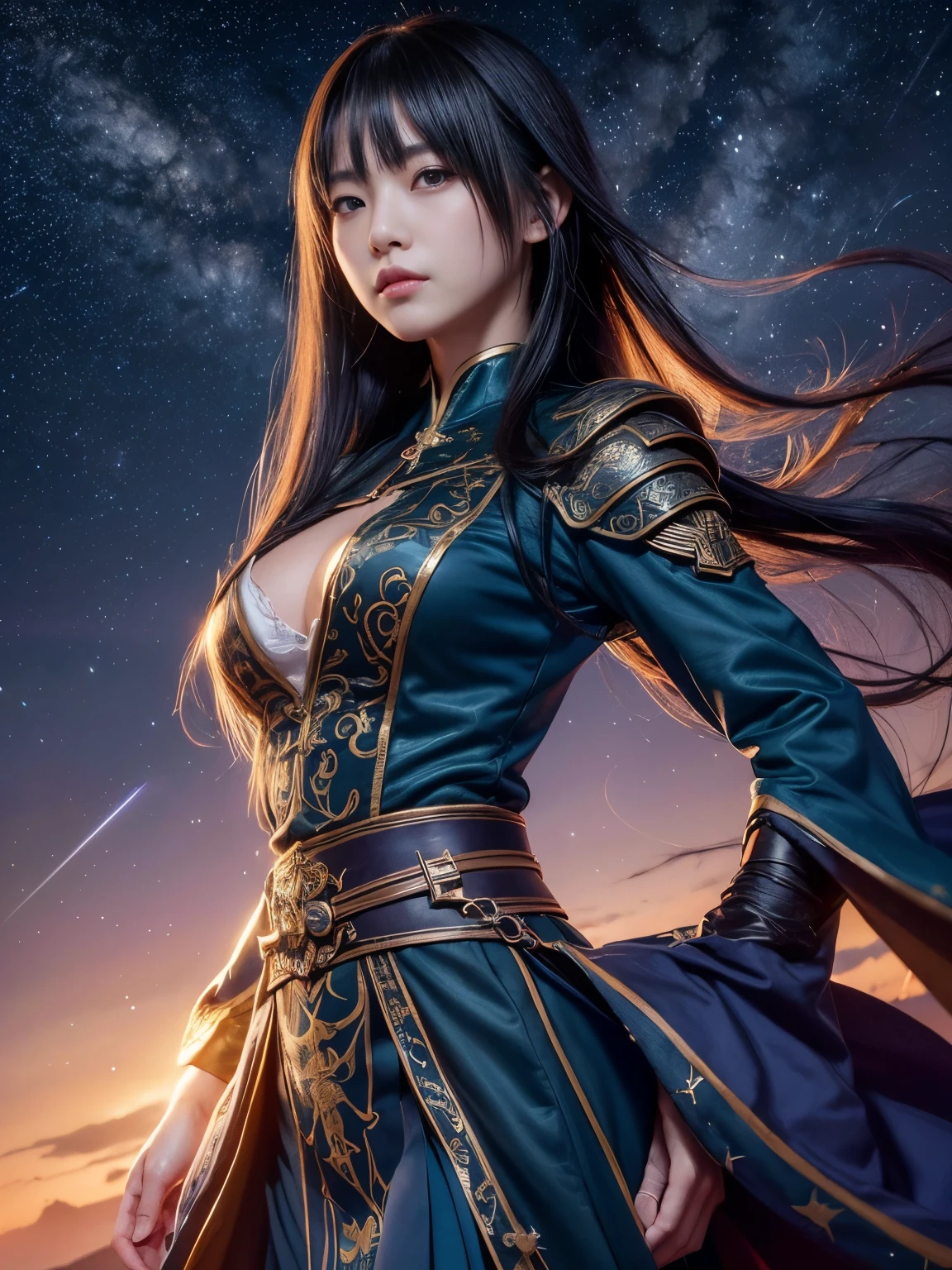 Belle image de personnage Shii, Beau magicien céleste, artgerm et ruan jia, ((Beauté Shii Fantasy Impératrice)), par Jan J., 非常に詳細な女Dieuショット, Art 8K très détaillé,  ((L’arrière-plan est fantastique:1.2)), ((Le fond est plein d&#39;étoiles:1.2)), ((angle hollandais:1.3)), (Costume européen médiéval), ((Dieu々Shii:1.3)), Magicien&#39;s robe,  dynamique