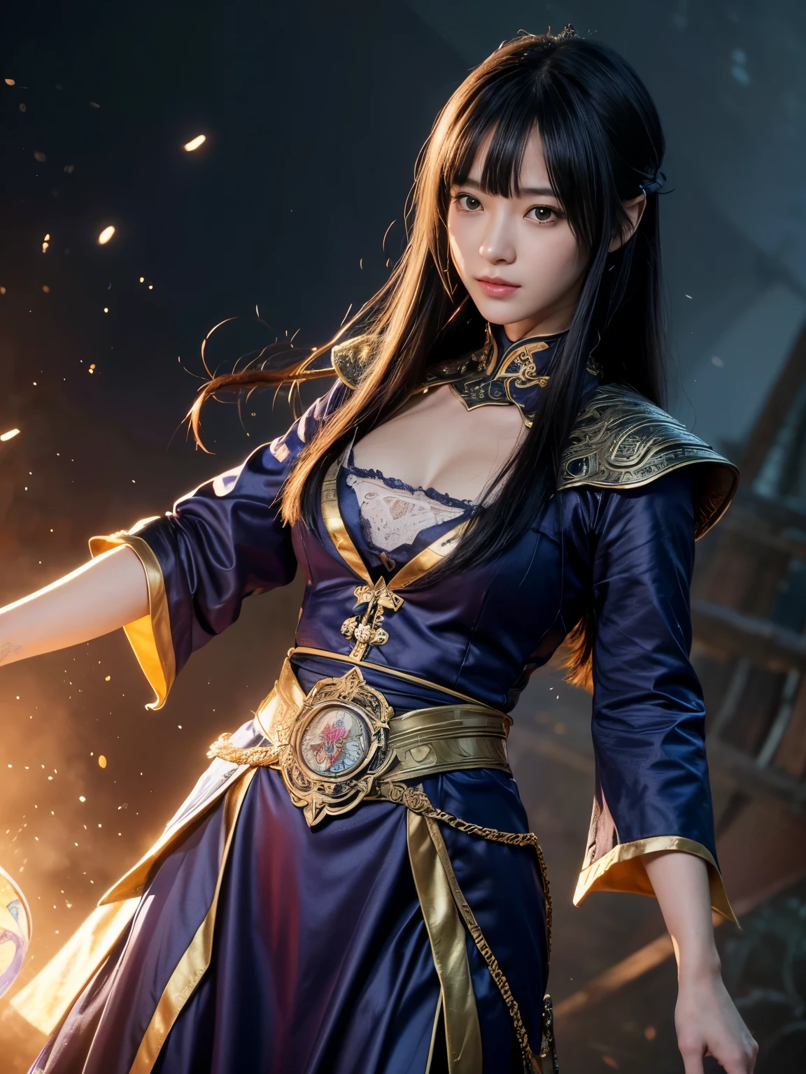 Belle image de personnage Shii, Beau magicien céleste, artgerm et ruan jia, ((Beauté Shii Fantasy Impératrice)), par Jan J., 非常に詳細な女Dieuショット, Art 8K très détaillé,  ((L’arrière-plan est fantastique:1.2)), ((Fond fantastique:1.2)), ((angle hollandais:1.3)), (Costume européen médiéval), ((Dieu々Shii:1.3)), Magicien&#39;s robe,  pose dynamique, jaune, Double paupières, Des doigts parfaits, anatomique