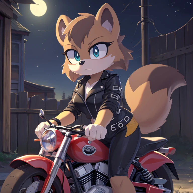 ((masterpiece)), studio quality, highly detailed, extreme detailed, high quality, max detailed, hyper detailed, anime, mobian, 1girl, racoon, black short hair, aqua eyes, attractive, gorgeous body, medium breast, biker clothes, serious, nighttime,