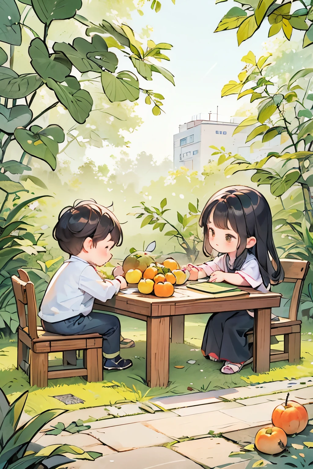 High definition and perfect picture quality,masterpiece,quadrangle courtyard,loquat trees full of loquats,sunlight falling through the leaves (a little boy and a little girl),wooden table and chair,with a pile of loquat fruits on the table,basking in the sun for leisure and visual pleasure. Warm visuals,childhood memories,children's illustration books,perfect composition, A ink painting of a tranquil orchard with Chinese writing on it and a pair of birds building their nest, with a fruit-laden branch in the foreground, An Zhengwen, organic painting, a minimalist painting, art  and  language, ink and wash,