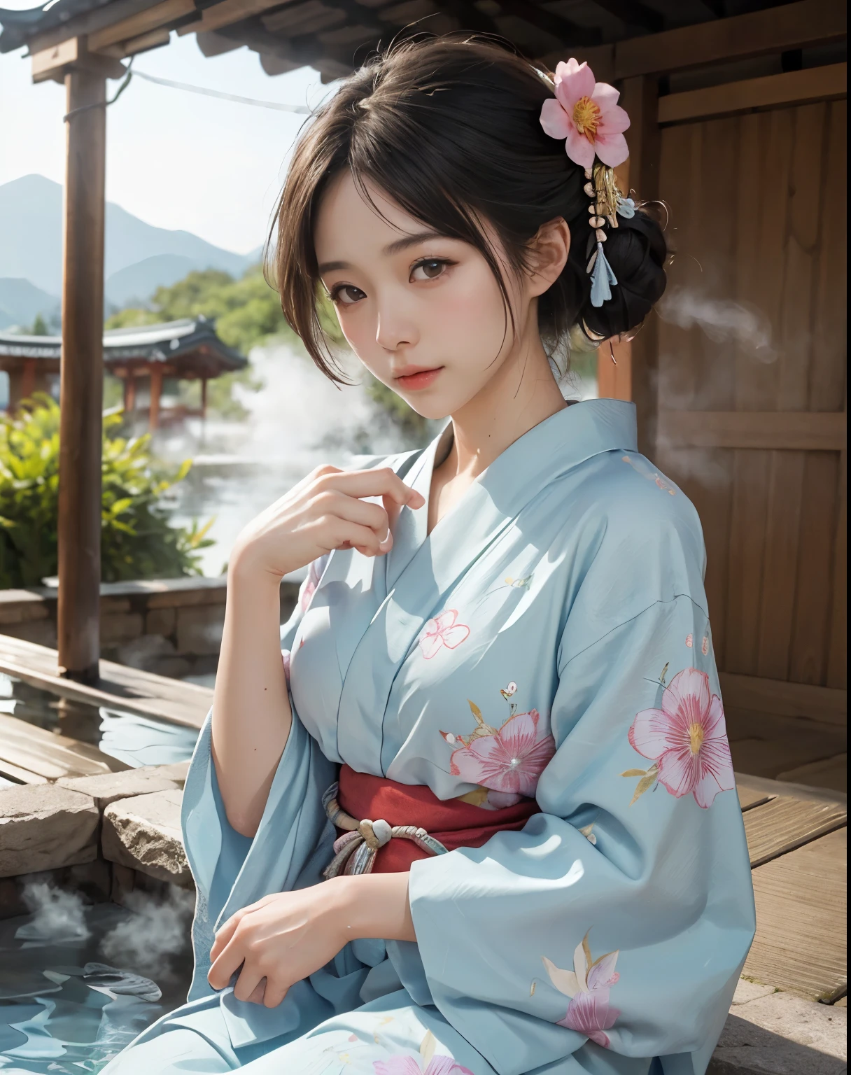 masterpiece, highest quality, Realistic, 1 girl, Open-air hot spring, Yukata figure, I&#39;My yukata got wet and became transparent..., Wear a yukata and enter the hot springs, Back view, Yukata soaked wet, woman wearing yukata, Beautiful long hair, Big Ass, , Realistic美しいlegs, private&#39;Iの胸は大きいです, Sit with your legs wide apart, barefoot, Protruding nipples, Iの全身は泡で覆われていました., A well-trained body, Abdominal muscles, Professional Lighting, Glowing Skin, Full body photo including legs