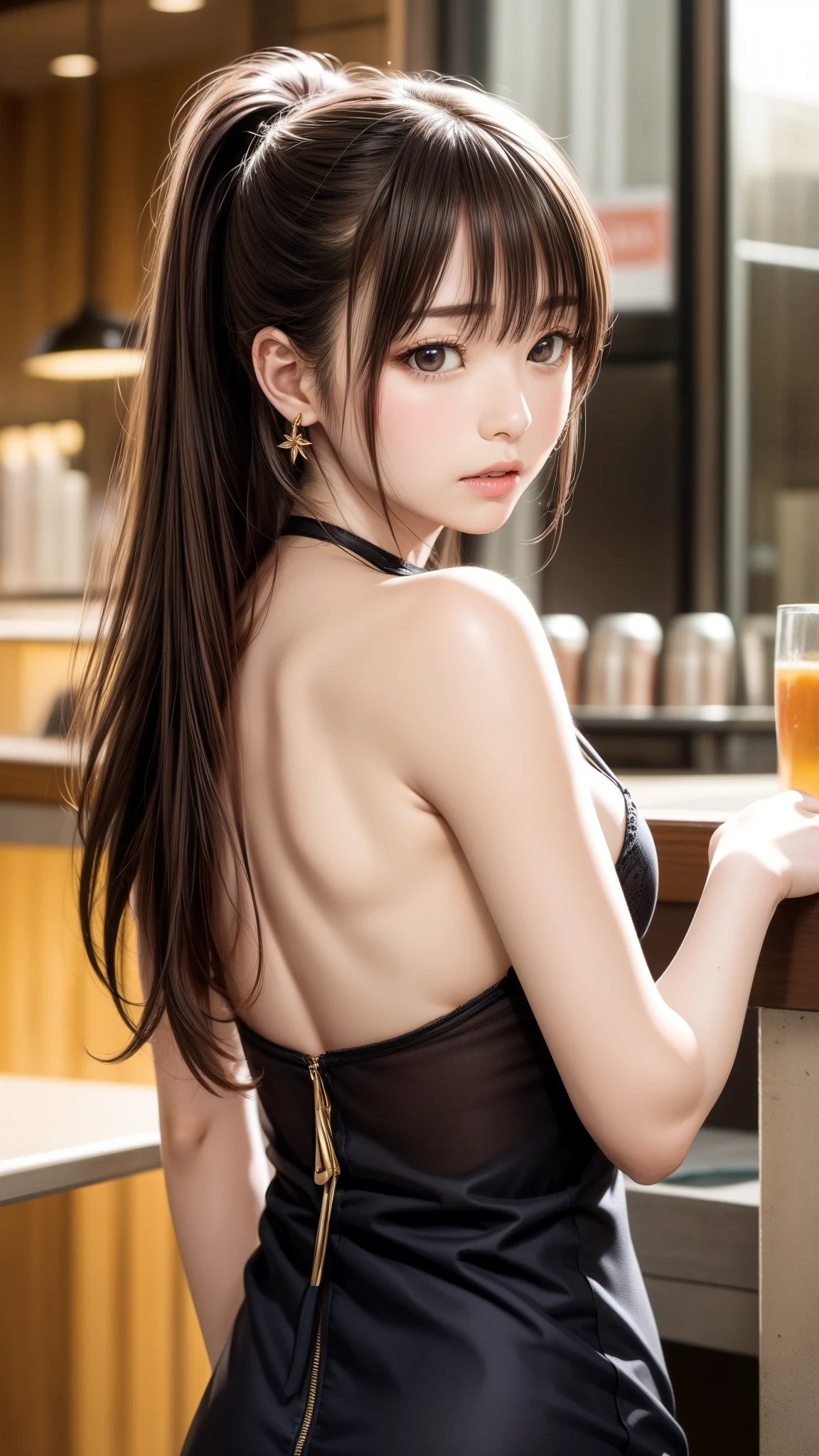 8K quality、High resolution、Realistic skin texture、High resolutionの瞳、Seated man、A female cafe owner embraced by a man、Brown long hair、、Ring piercing of the earlobe、A neat camisole、Dignified face、thin、Model Body Type、Ripe body、Neat 30 year old woman、Off the shoulder、Shooting from behind、Up ponytail、Naked realistic female genitalia