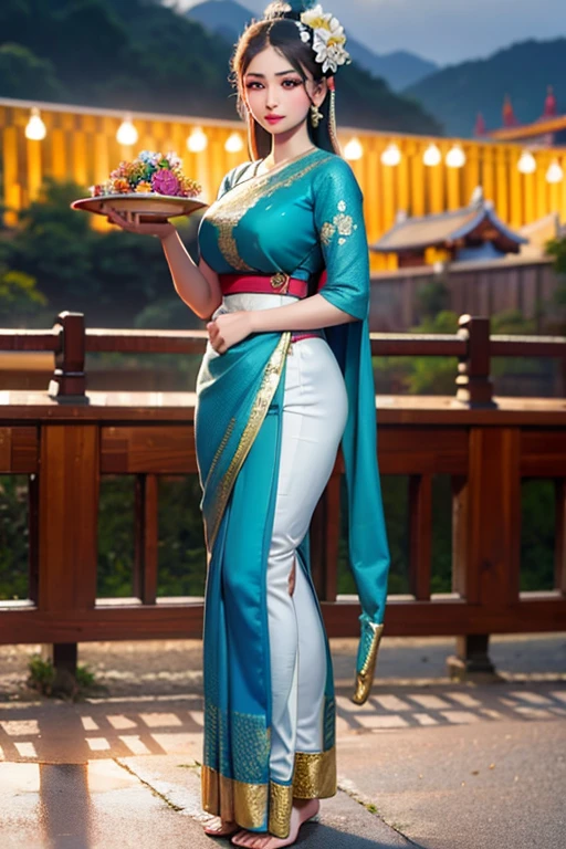 шедевр,РЯД фото, подробности, гиперреалистичный,Арафированная женщина в синем сари держит тарелку с цветами, костюм сукхотай, в стиле Тавана Дучани, "Фестиваль Лой Кратонг", традиционный beauty, Аниме тайская девушка, Юго-восточная азиатка с длинным, Ниван Чантара, традиционный, Таиландское искусство, традиционный art, Титхи Луадтонг, традиционный dress, традиционный tai costume, традиционный clothes,8К, съемка всего тела, освещение,такой красивый золотой фон храма