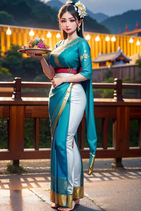 Masterpiece,Row photo, details, hyper realistic,arafed woman in a blue sari holding a plate of flowers, sukhothai costume, in st...