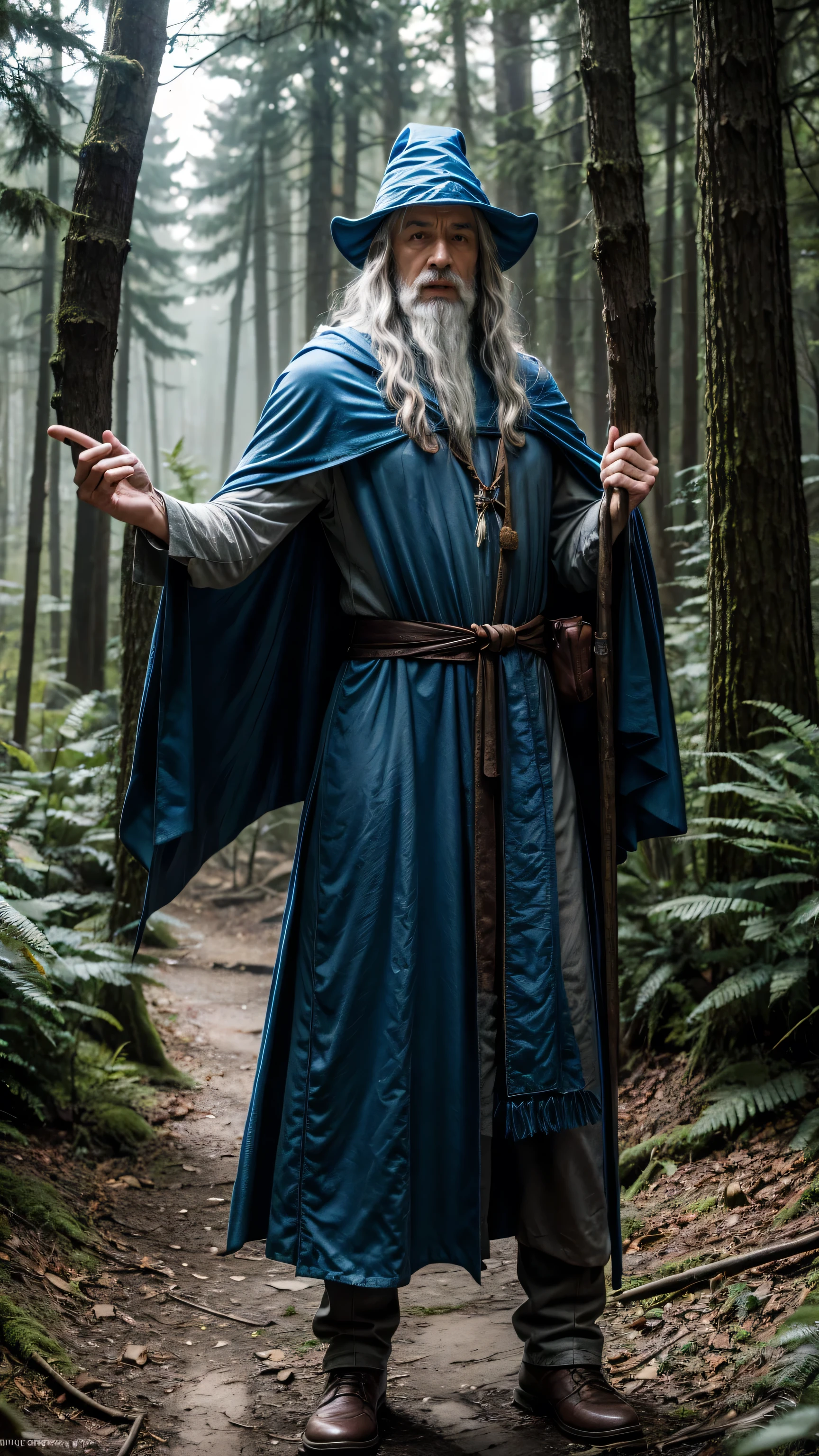 Peter Pavel en tant que sorcier, Dans les bois, Jeu de rôle de Gandalf, cape bleue, chapeau bleu