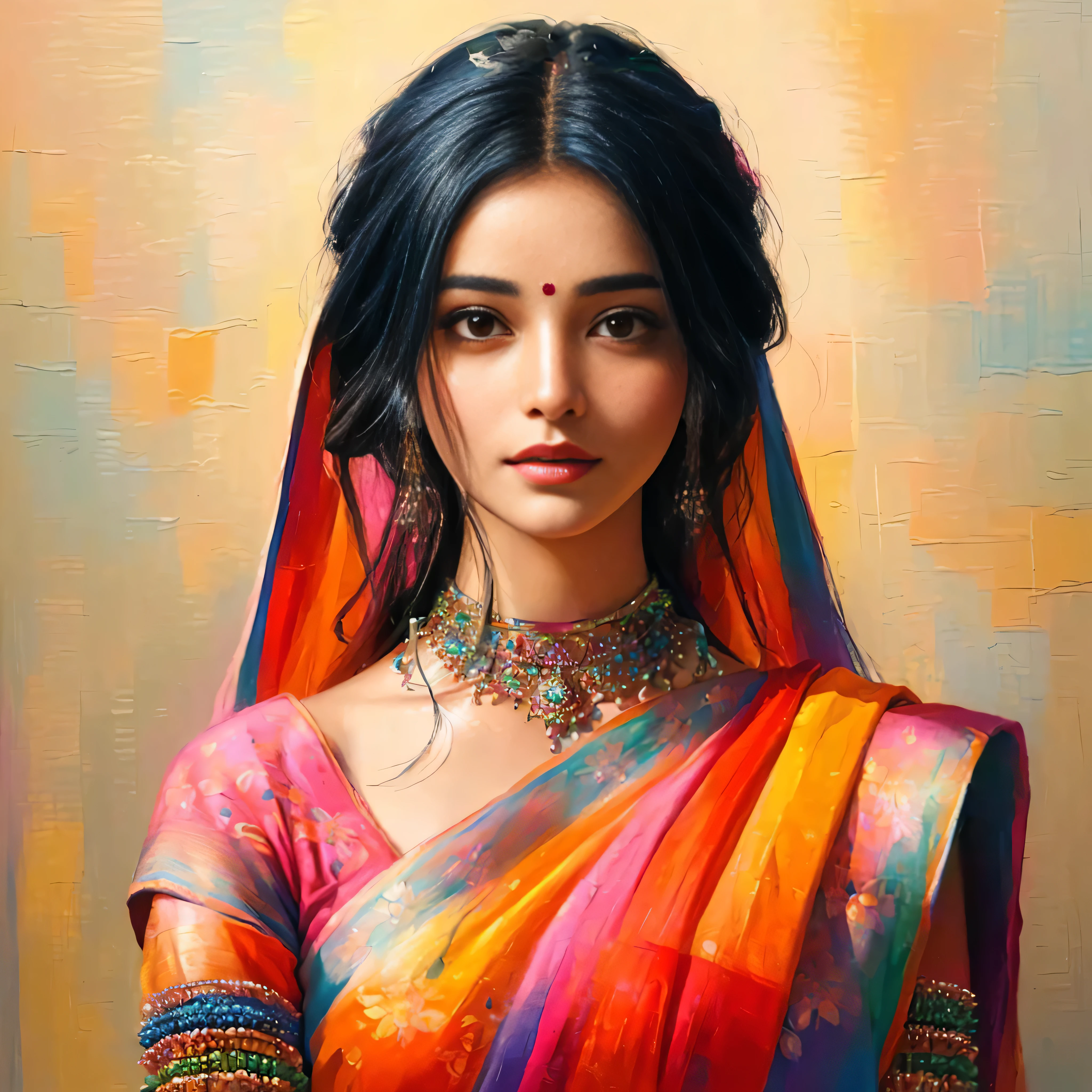 painting of a woman in a colorful sari with a necklace and earrings, beautiful character painting, painting of beautiful, indian art, traditional beauty, beautiful art uhd 4 k, beautiful digital artwork, very beautiful portrait, beautiful digital painting, detailed beautiful portrait, gorgeous woman, stunning digital painting, beautiful portrait, beautiful digital art, stunning portrait, beautiful gorgeous digital art, indian