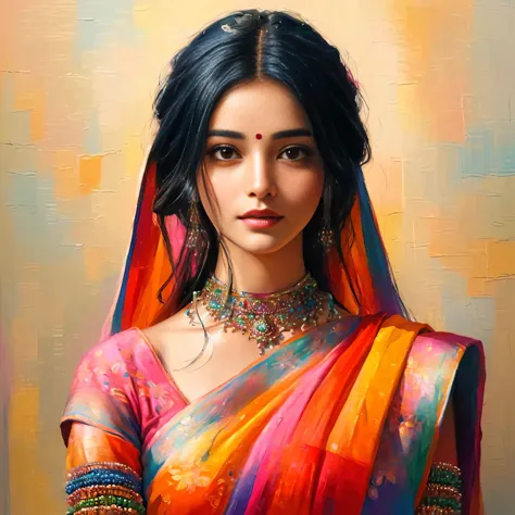 painting of a woman in a colorful sari with a necklace and earrings, beautiful character painting, painting of beautiful, indian...