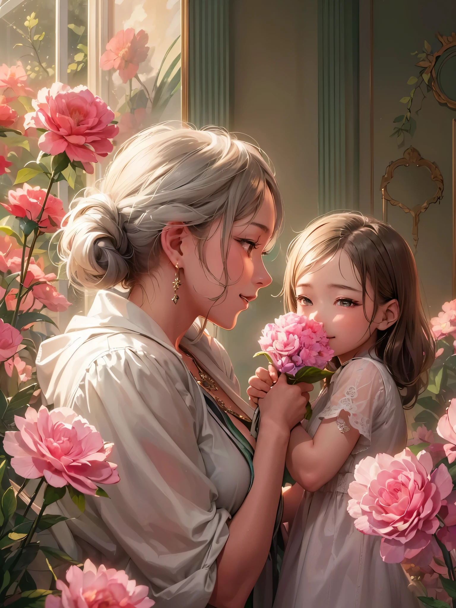 ((highest quality)),(Ultra-high resolution),(Very detailed),(Detailed Description),((The best CG)),(A masterpiece),Ultra-precise art,Amazing drawing art,(Art with precise detail:1.5), (A daughter giving a carnation and a mother receiving it with a smile:1.7),smile:1.5, Soft sunlight:1.4,Breeze:1.3,