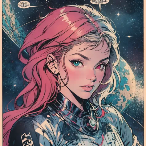 ultimate best quality,beautiful woman,speech bubble,big brest,galaxy,60s,70s,80s,colorful,cosmo,space,((Heterochromia))
