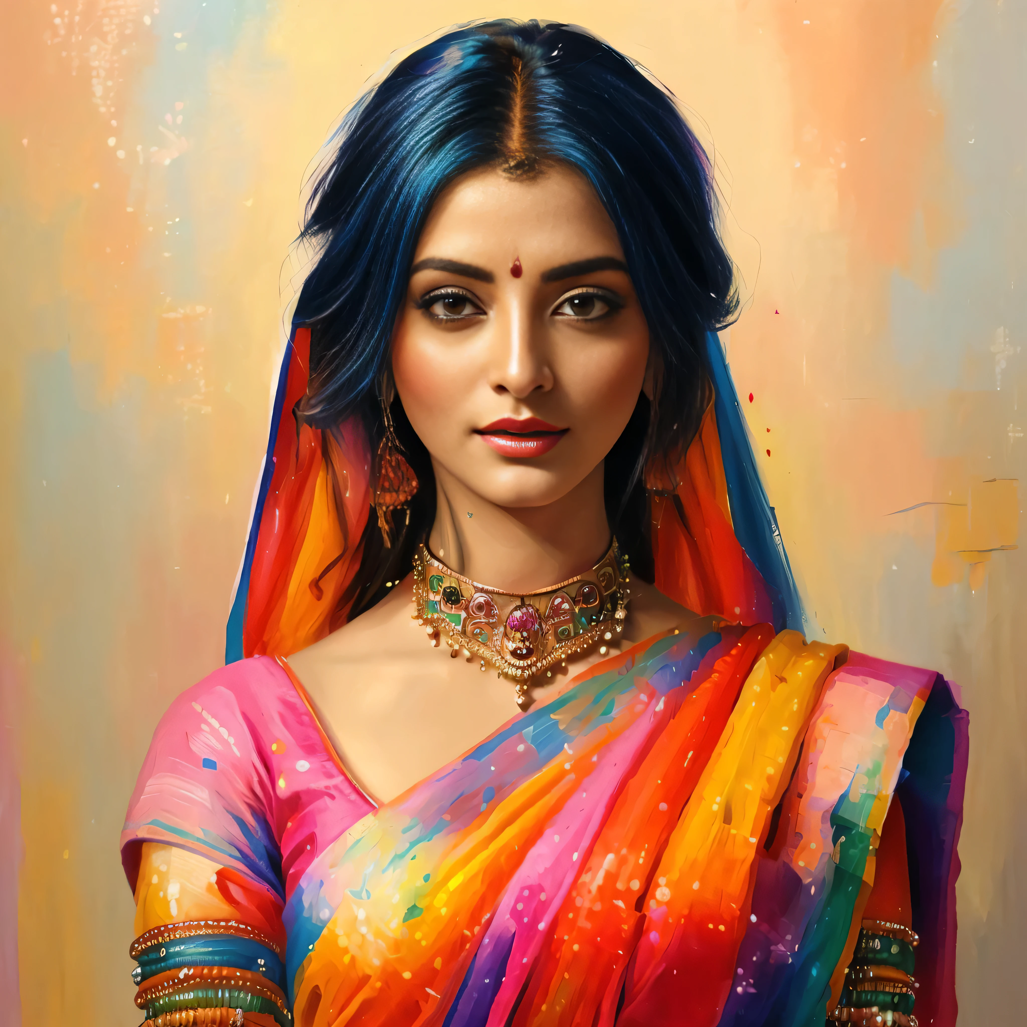 painting of a woman in a colorful sari with a necklace and earrings, beautiful character painting, painting of beautiful, indian art, traditional beauty, beautiful art uhd 4 k, beautiful digital artwork, very beautiful portrait, beautiful digital painting, detailed beautiful portrait, gorgeous woman, stunning digital painting, beautiful portrait, beautiful digital art, stunning portrait, beautiful gorgeous digital art, indian