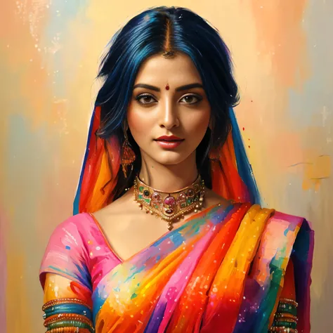 painting of a woman in a colorful sari with a necklace and earrings, beautiful character painting, painting of beautiful, indian...