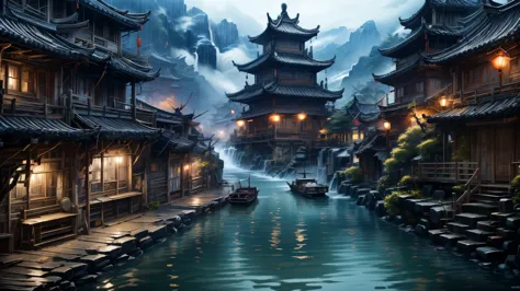 伝統的な中国の風景画のmasterpiece, highest quality, 32k ultra hd, insane details, intricate details, super detailedな, super high quality, a...