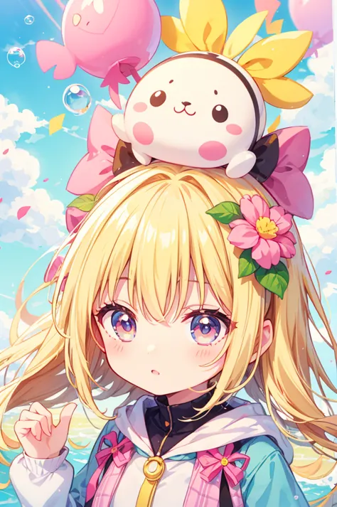 1 cute chibi character、bubble、Blonde、flower、