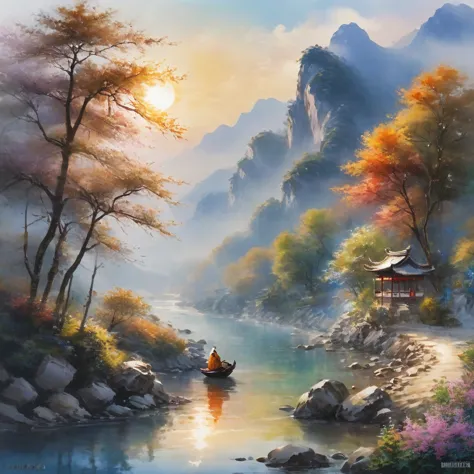 (masterpiece, best quality: 1.2)针织mountain水画，river，mountain，sun，monk