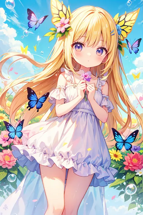 1 cute chibi character、bubble、Blonde、flower、butterfly