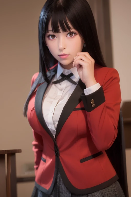 One girl, The pupils constrict, full-face, Red eyes, Black Hair, masterpiece, highest quality, Very detailed, looking at viewer, (school uniform),