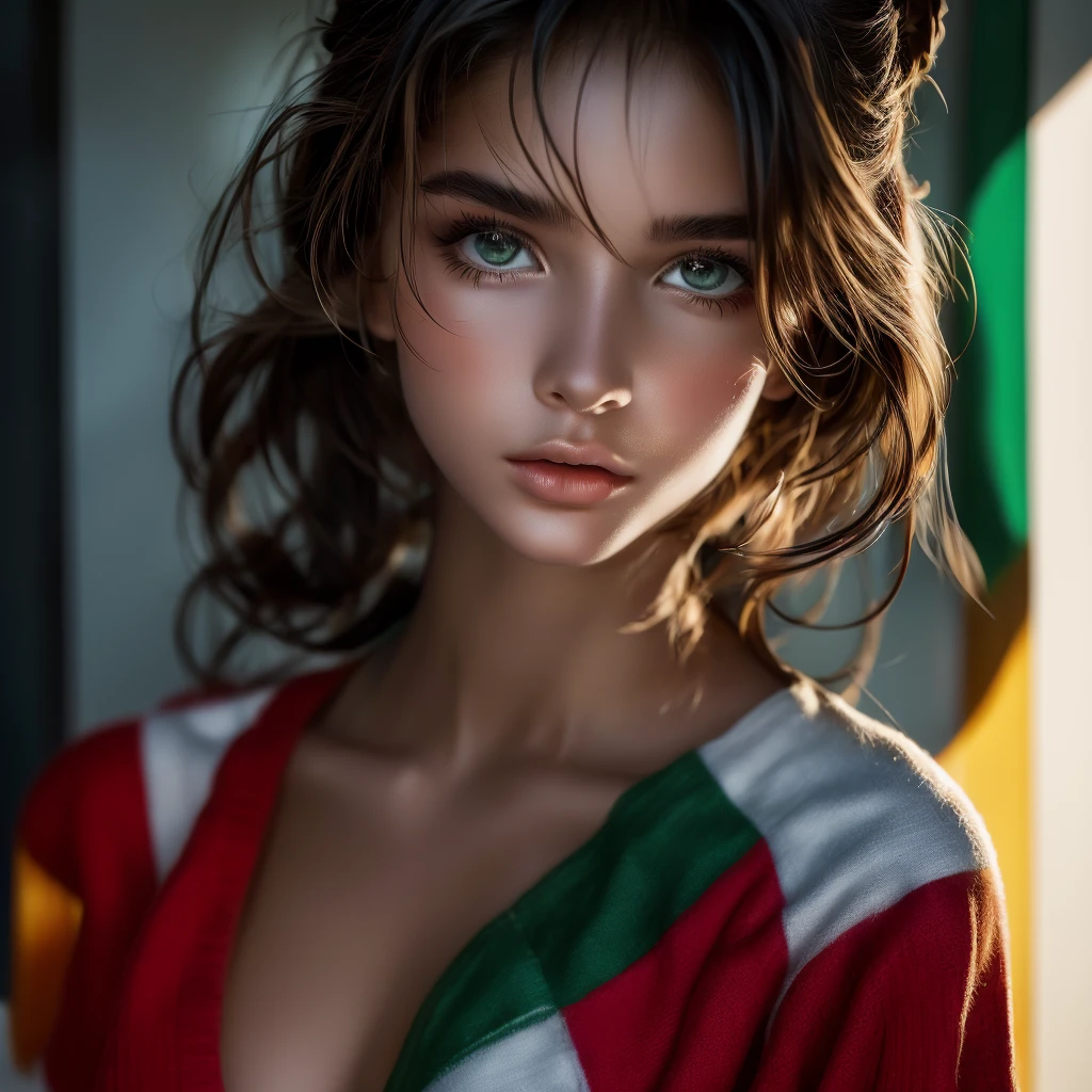 beautiful woman, with clothes colored like the flag of Mexico, super sexy and daring, with light, beautiful and seductive face, cinematographic hyperrealism illustration, ultra realistic 8k