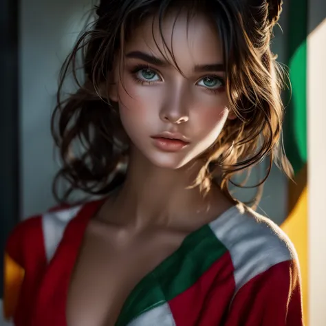 beautiful woman, with clothes colored like the flag of mexico, super sexy and daring, with light, beautiful and seductive face, ...