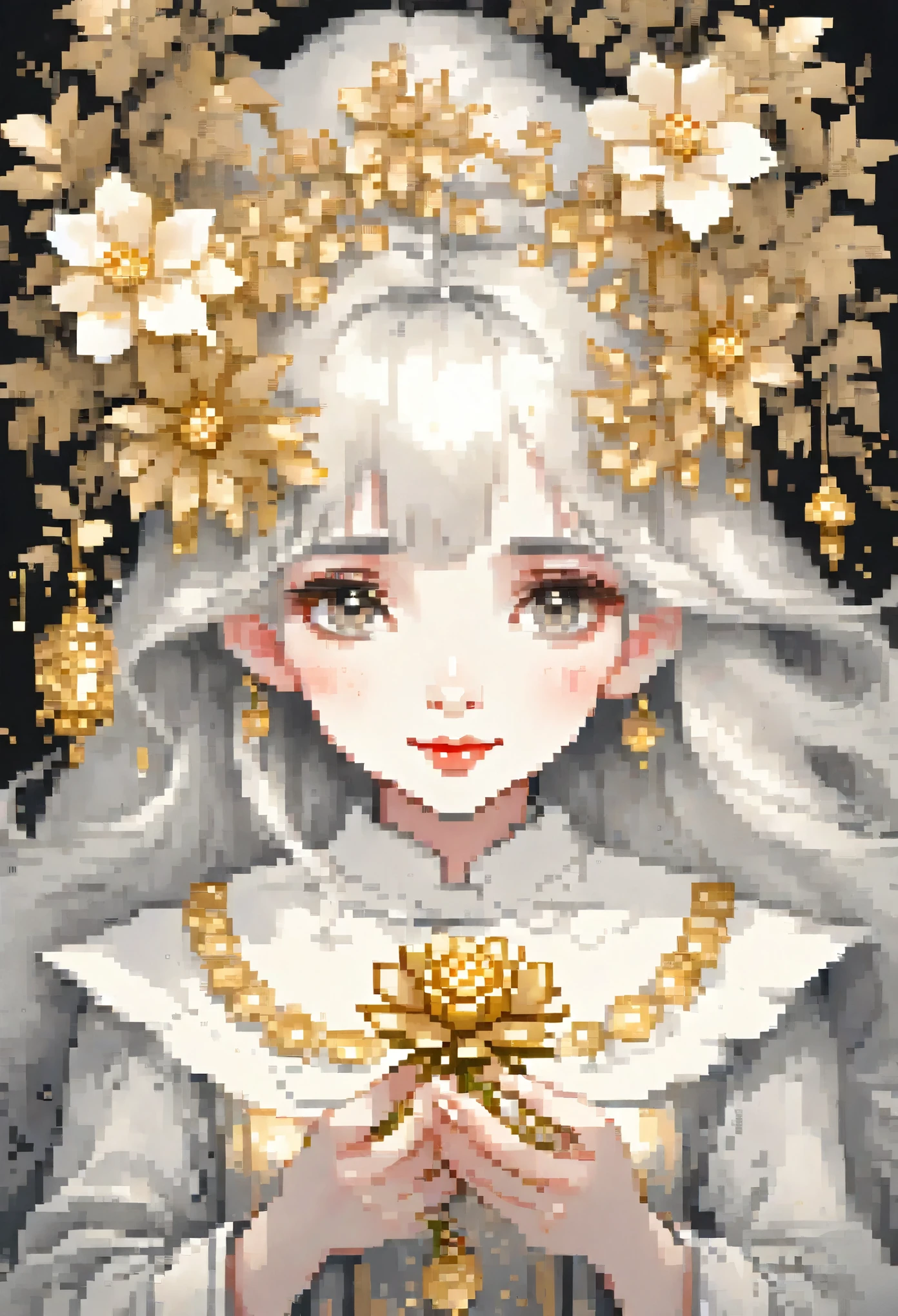 monochrome, watercolor, highres, top quality, best quality, paid reward available, High-quality illustrations, unparalleled masterpiece, perfect artwork, absurdres, 1girl, Archaic Smile, holding a cluster of gold flower in both hands, She is wearing a simple ring on the ring finger of her left hand, unfocused spread of gold flower,