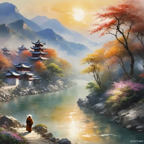 (masterpiece, best quality: 1.2)针织mountain水画，river，mountain，sun，monk