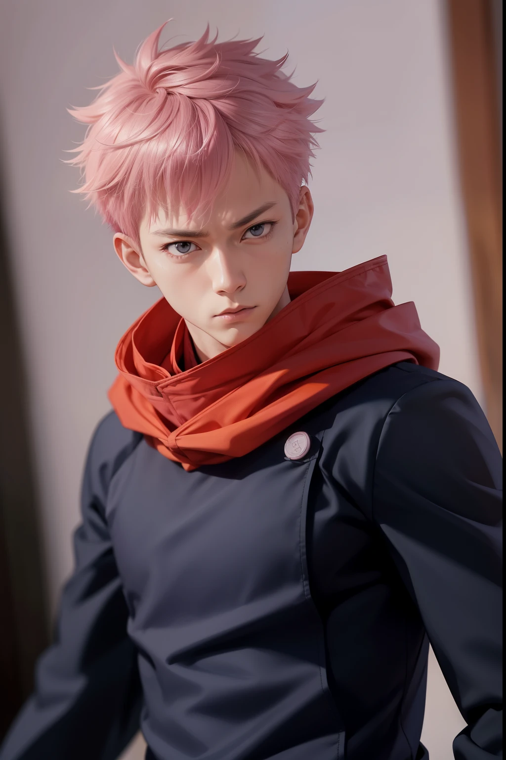 Yuji Itadori Personnage de l&#39;Anime Jujutsu Kaisen, style animé réaliste, beau garçon, Uniforme de Jujutsu, cheveux courts roses, Contexte du lycée Jujutsu
