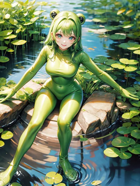 glamorous woman、sparkling beautiful eyes、big eyes、smile、green bodysuit、gloss、frog limbs、by the pond