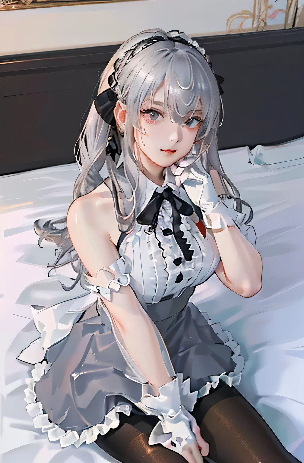 (((1 girl)),Ray Tracing,(Dim lighting),[Detailed Background (Bedroom)),((Silver Hair)),((Silver Hair)),(Fluffy Silver Hair, Plump and slender girl)) Raised ponytail)))) Avoid blonde eyes in the ominous Bedroom ((((Girls、She wears intricately embroidered black high-waisted pants and pantyhose.。) White frilly ribbon gloves), Showing off a delicate, slim figure and graceful curves, Correct limbs, Sitting on the bed、8K、Perfect female body、Red line clothes、8K、High quality、Naughty fashion、Big Breasts、Eros、Lingerie、Pink outfit、bikini