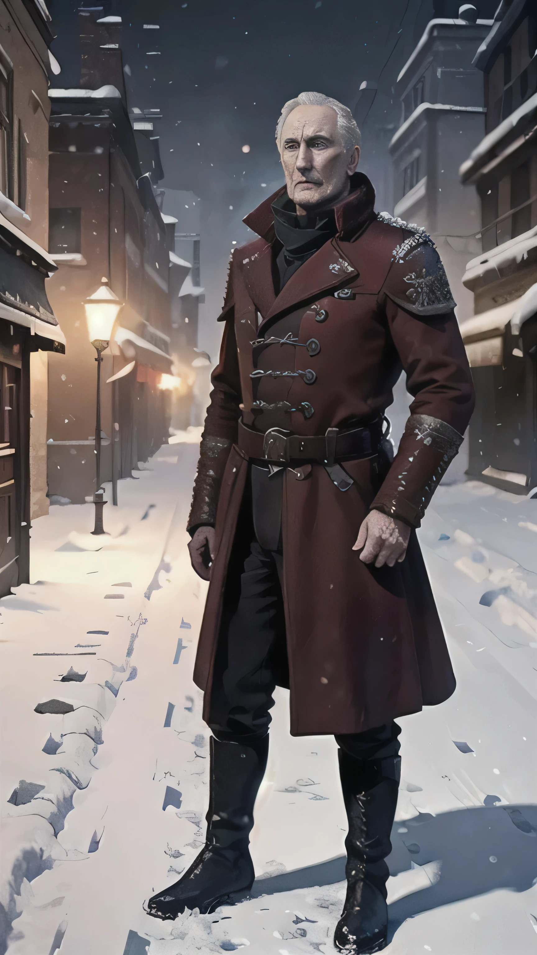 frostpunk, (Charles Dance) as Tywin Lannister, maroon coat, boots, standing, in a street, winter, snow, (1man), (solo), (full body view), beautiful detailed glow, detailed, cinematic light, intricate detail, realistic, highres, detailed facial features, high detail, sharp focus, smooth, aesthetic, extremely detailed, stamp, octane render