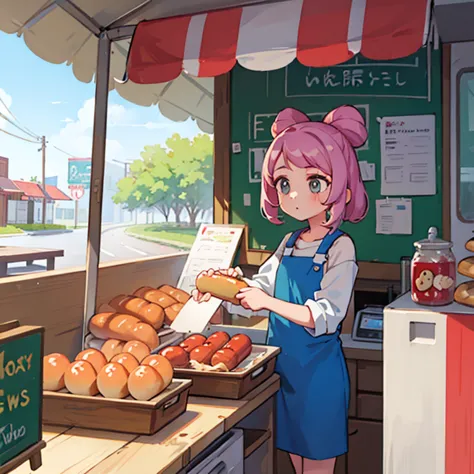 A girl making hot dogs in a food truck　