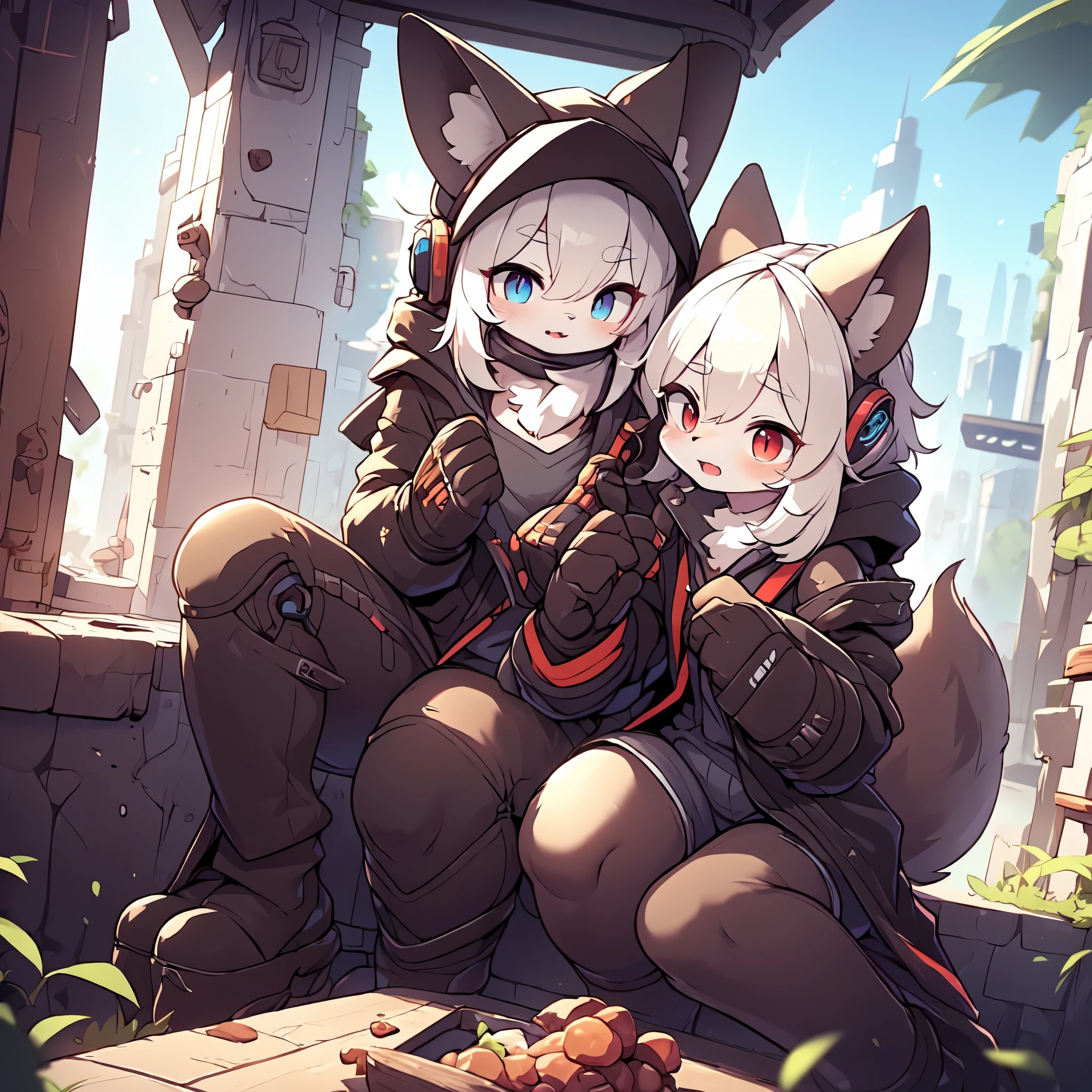 Kawaii, Striped Fluffy Fox, emaciated, long hair, 3girls, artificial synthetic skin, life support prosthetics, digital headphones, black tight latex bodysuit, white long dress, thigh-high-socks, shorts, loose off-the-shoulder hood open jacket, holsters in thigh, Mechanical boots, tactical knee pads, tactical belted loose Arm Sleeves, cybernetic Display gloves, chest rigs, tactical belts, blue archive halo, bulletproof goggles on forehead, from Ark nights, ray tracing, depth of field, bloom, masterpiece, ccurate, high details, highres