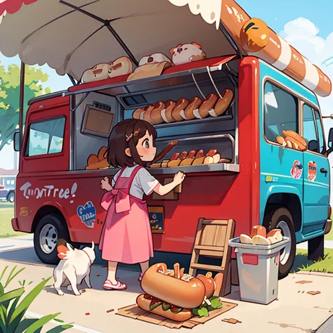 A girl making hot dogs in a food truck　There&#39;s a girl waiting with a coke　